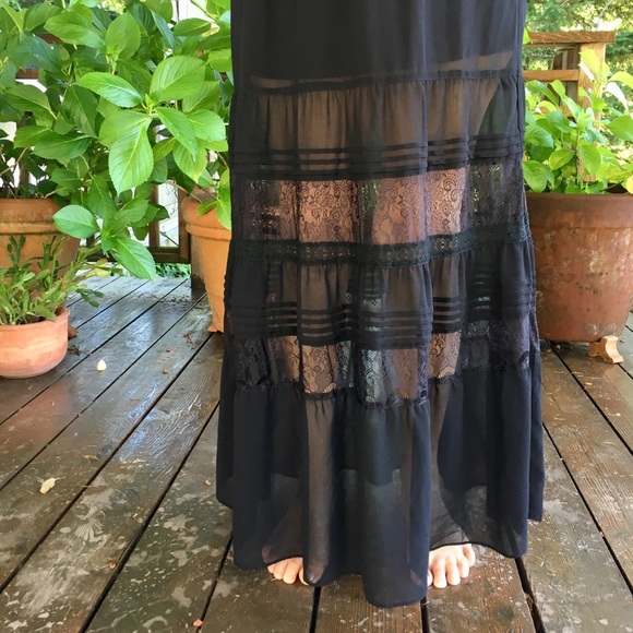 flowy black skirt with tiered lace + hem details - Picture 1 of 4